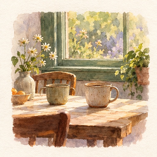 Aquarel van twee kopjes op een zonovergoten tafel bij een groen raam.