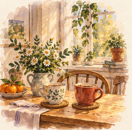 Aquarel van een keukentafel met bloemen en twee kopjes.