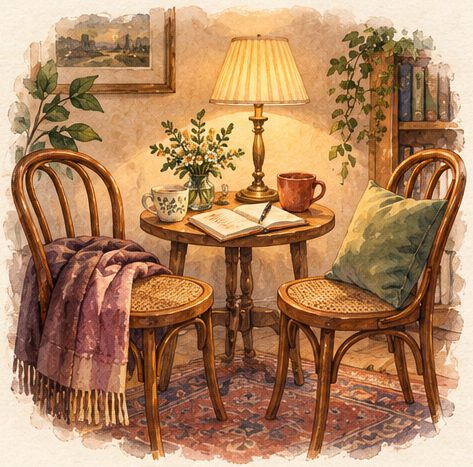 Aquarel van twee stoelen en een boek in een verlichte hoek.