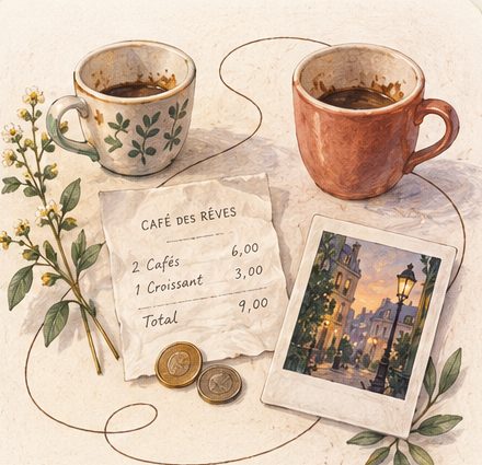 Aquarel van twee koffiekopjes, een bon en een foto.