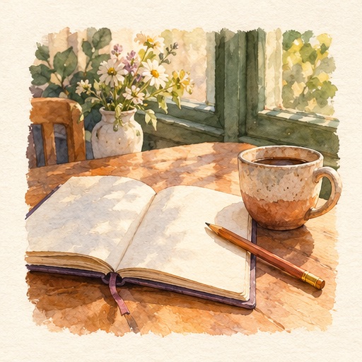 Aquarel van een open notitieboek, pen en kopje op tafel.