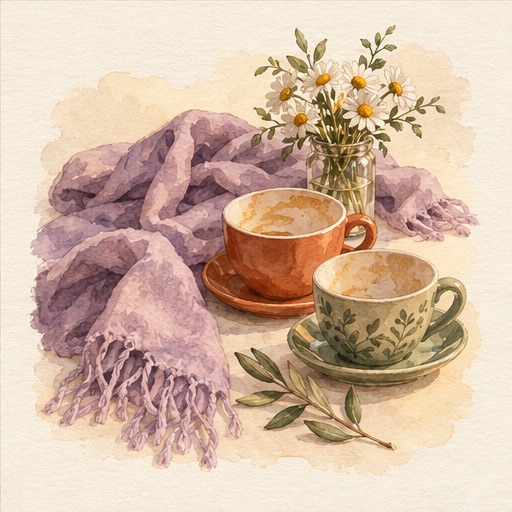 Aquarel van twee kopjes naast een sjaal en bloemen.